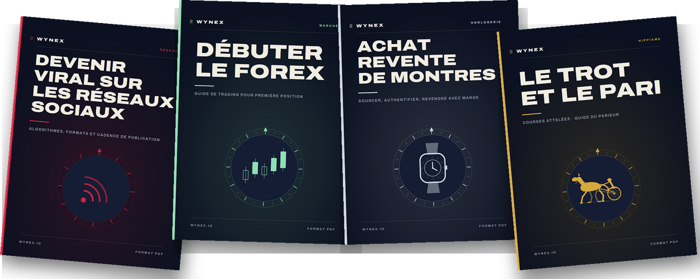 Les quatre ebooks WYNEX : réseaux sociaux, Forex, achat-revente de montres, le trot et le pari
